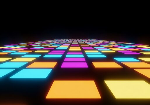 Abstract 3d perspective view of glowing neon disco floor tiles
