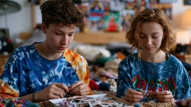 Siblings sorting through a parent's belongings in a childhood bedroom, each holding a different meaningful object, a box of photographs between them on the bed, quiet grief and occasional shared lau