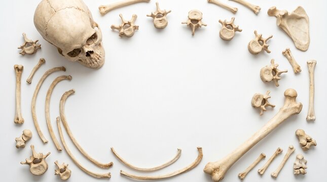 Assorted Human Bones Arranged on a White Background for Educational and Medical Visualization
