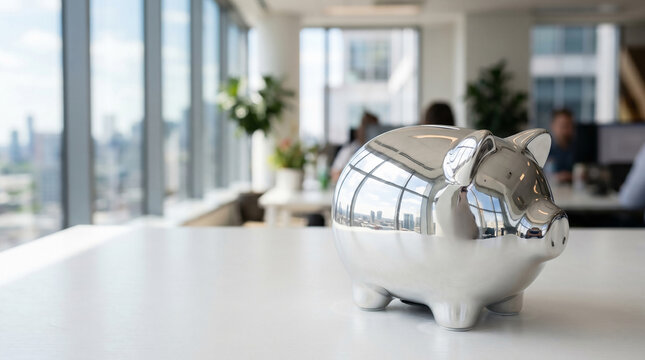 Pink piggy bank on a desk with coins representing savings, finance, and investment money box concept