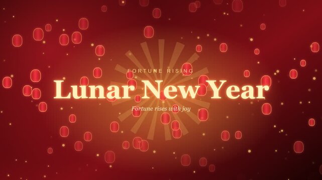 Lunar New Year greeting on red background with floating lanterns