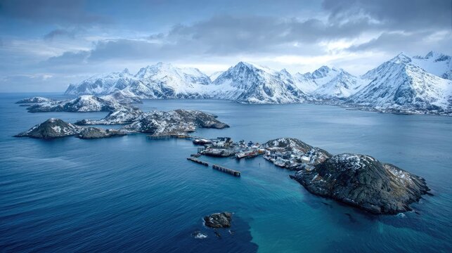 Aerial view of snow-covered arctic mountains and islands.