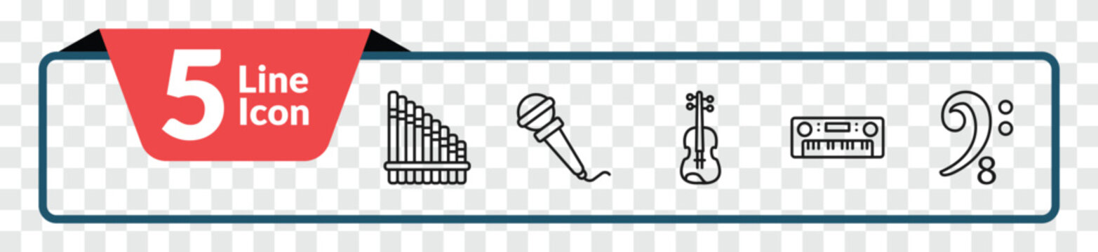 outline music and media icons set - panpipe, hand mic, synthesizer, octave clef. editable vector for web and mobile ui