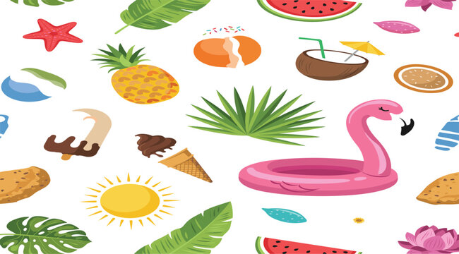 Tropical summer beach elements collection featuring flamingo float pineapple watermelon coconut palm leaves sun and exotic vacation icons