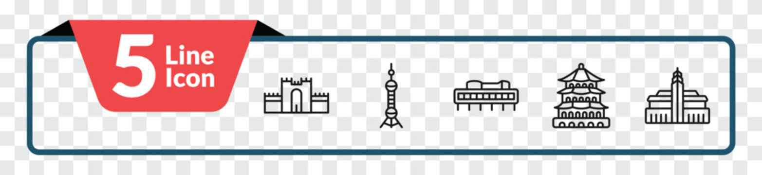outline monuments icons set - medieval walls in avila, oriental peral tower, summer palace, hassan mosque. editable vector for web and mobile ui