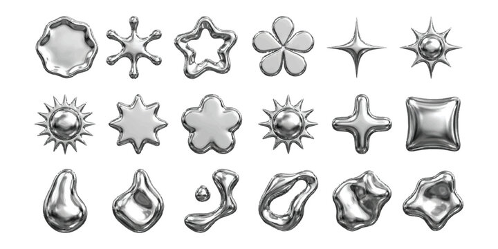 Set of shiny liquid metal shapes and stars in chrome silver finish