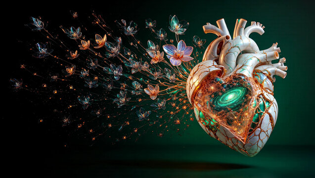 Surreal anatomical heart with glowing green galaxy core morphing into glass flowers, concept of healing and medical innovation, dark background with copy space.