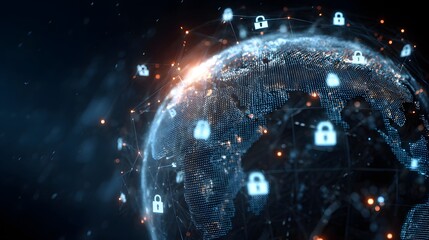 Fototapeta premium Digital earth globe surrounded by security padlocks, representing global cybersecurity and data protection systems.