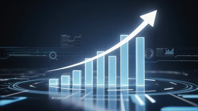 Futuristic glowing blue digital bar graph showing steady growth with bright light effects