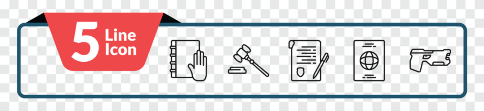 outline law and justice icons set - law and justice, gavel, immigration, electroshock weapon. editable vector for web and mobile ui