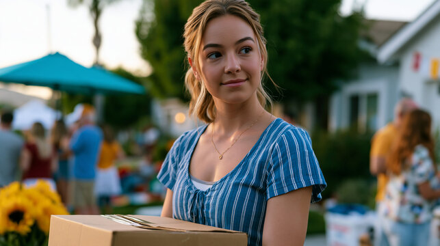 young woman with a moving box standing at the edge of a neighborhood block party, watching from outside the circle of neighbors, community belonging search, newcomer anxiety, social integration, sub