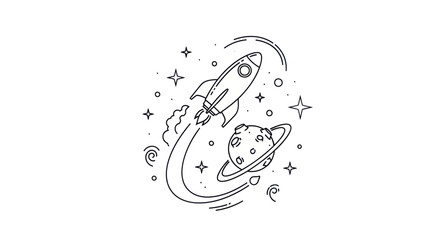 Rocket Ship and Planet Outline Vector Illustration © Barokah