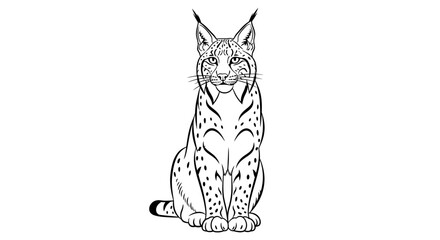 A black and white line drawing of a lynx sitting upright with perked up ears against a plain white background. © ahmad