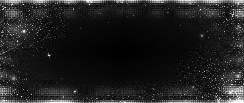 Abstract vector background with monochrome halftone frame featuring sparkling stardust outer space galaxy stars vignette effect on dark backdrop for modern cosmic panoramic design
