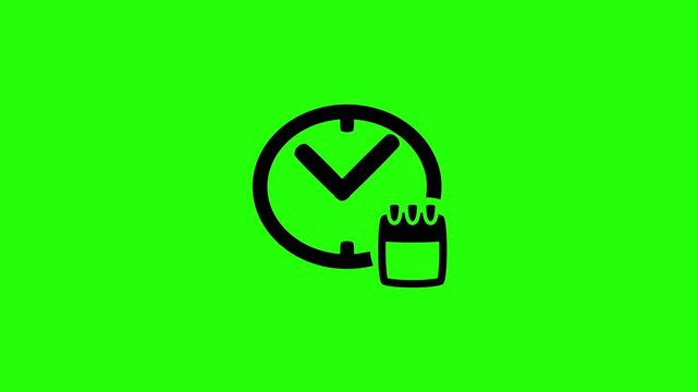 4K resolution video of a time clock face paired with an event calendar date card silhouette bouncing into view. Perfect timeline tracking web icon.