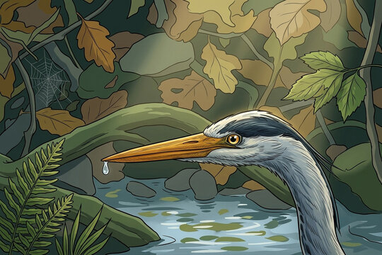 Cartoon illustration of a grey heron in a forest stream with a water drop falling from its beak