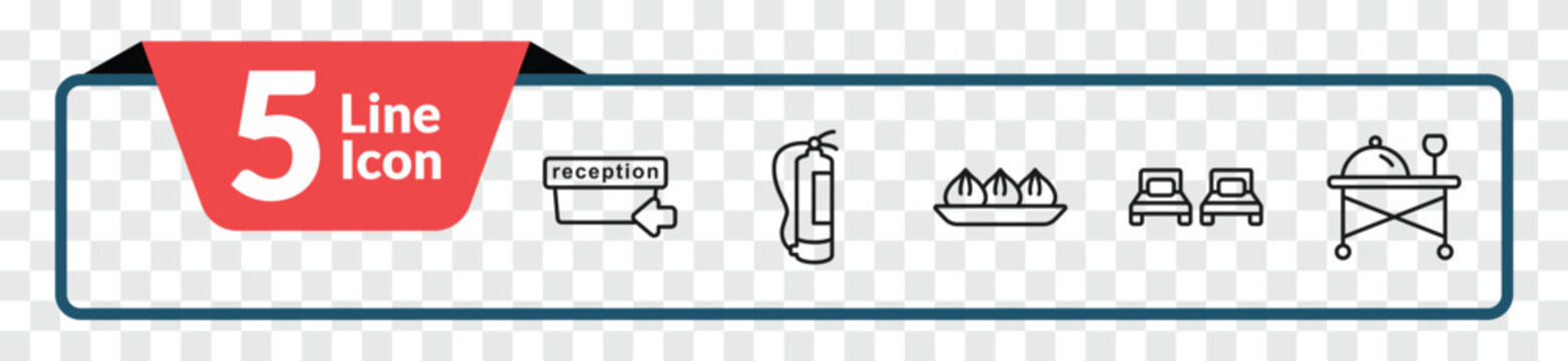 outline hotel and restaurant icons set - check in, fire extinguisher, beds, room service. editable vector for web and mobile ui