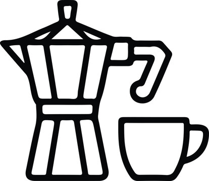 Black silhouette moka pot icon, coffee cup design, minimalistic hot beverage illustration, representing espresso, caf&eacute; culture