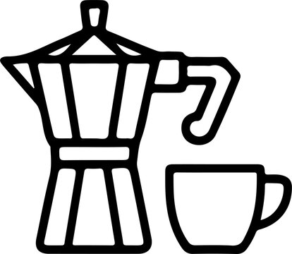 Black silhouette moka pot icon, coffee cup design, minimalistic hot beverage illustration, representing espresso, caf&eacute; culture