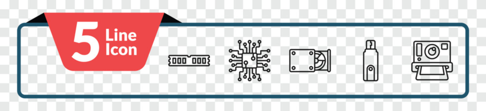 outline hardware icons set - random access memory, circuits, flash card, camera. editable vector for web and mobile ui