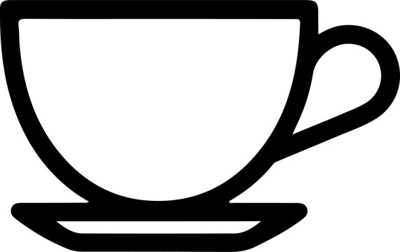 Black silhouette teacup icon, saucer design, minimalistic hot beverage illustration, representing coffee, tea, caf&eacute; culture