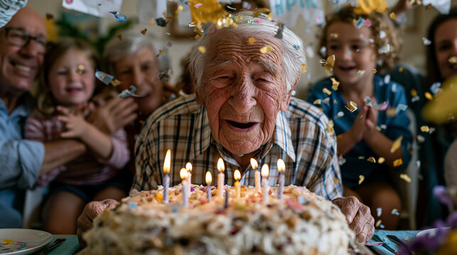 Four generations gathered around a dining table for a milestone birthday, a centenarian blowing out candles while great-grandchildren stand on chairs clapping and adult family members hold up paper 