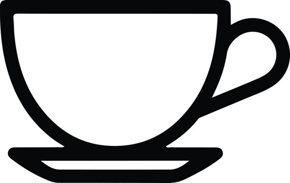 Black silhouette teacup icon, saucer design, minimalistic hot beverage illustration, representing coffee, tea, caf&eacute; culture