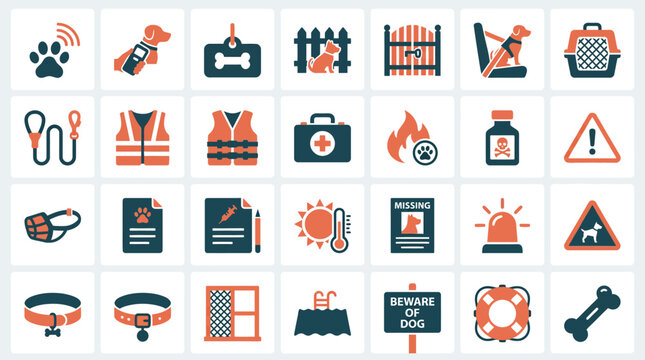 Dog Care Icons: Health, Safety, Training, Walking, Lost Pet, and Accessories
