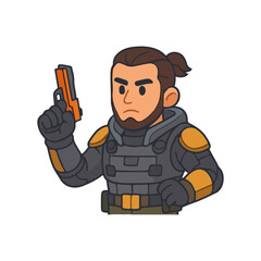Obraz premium Serious soldier raising gun. Tactical commando holding pistol. Military fighter ready for action.