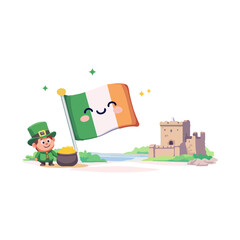 Fototapeta premium Ireland Flag Cute Illustration With Leprechaun And National Symbols. Irish Culture Cartoon Design Featuring Flag Pot Of Gold And Historic Castle