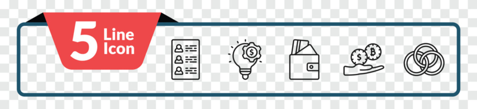outline general icons set - profile list, fintech innovation, initial coin offering, interlocking rings. editable vector for web and mobile ui