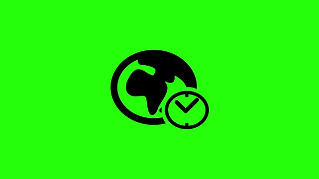 Clean 4K video showing a geographical Europe and Africa continent globe map with a world time clock silhouette bouncing. Universal travel zone graphic.