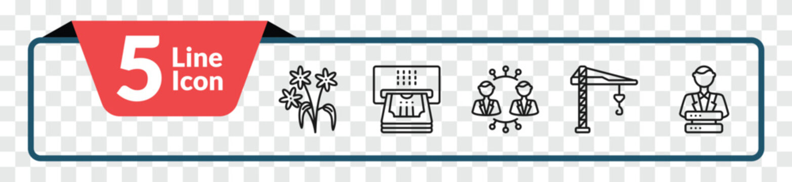 outline general icons set - daisy bouquet, atm cash, building crane, big data scientist. editable vector for web and mobile ui