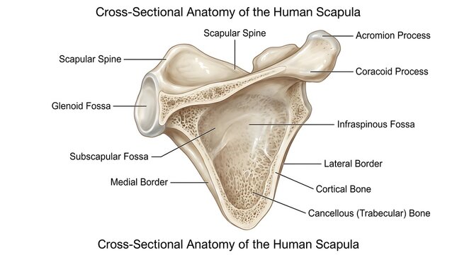 Cross‑sectional anatomy of the human scapula (shoulder blade) demonstrating scapular spine, acromion, coracoid process, glenoid fossa, supraspinous and infraspinous fossae, borders and internal cancel