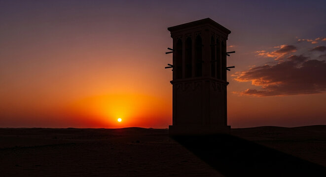 Silhouetted ancient windcatcher tower against a vibrant desert sunset, showcasing traditional architecture and arid landscape at twilight, artistic landscape photography.