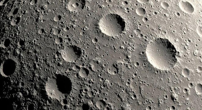 Close-up view of the Moons cratered surface with dramatic lighting.