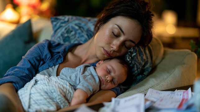 single mother asleep sitting upright on a sofa at midnight, infant on her chest, bills spread across the coffee table, single parent exhaustion, financial stress, new mother fatigue, modest home rea