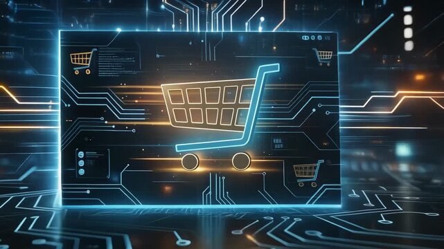 Futuristic digital shopping cart icon glowing with neon lines for online retail and e-commerce technology