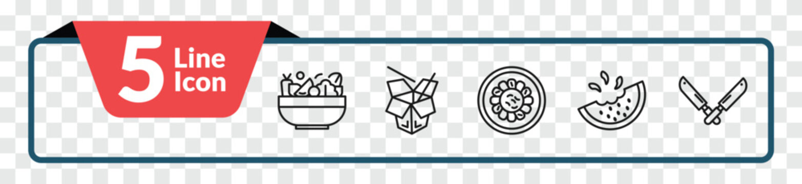 outline food icons set - bowl with vegetables, chinese food, melon slice, knifes. editable vector for web and mobile ui