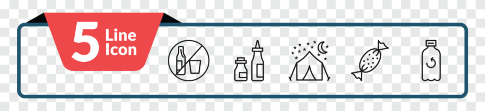 outline food icons set - no drinking, condiment, toffee, recycling bottles. editable vector for web and mobile ui