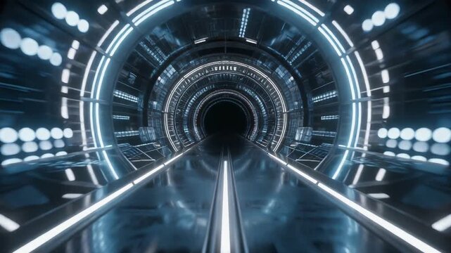 Futuristic digital tunnel with glowing neon lights and reflective pathway immersive technology background