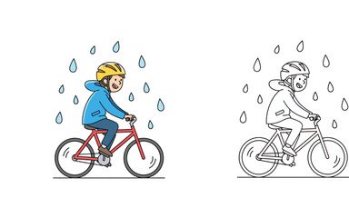 Fototapeta premium Little boy cycling on a red bicycle during a rainy day wearing a yellow safety helmet and blue raincoat, featuring colored and black and white line art vector illustrations set.