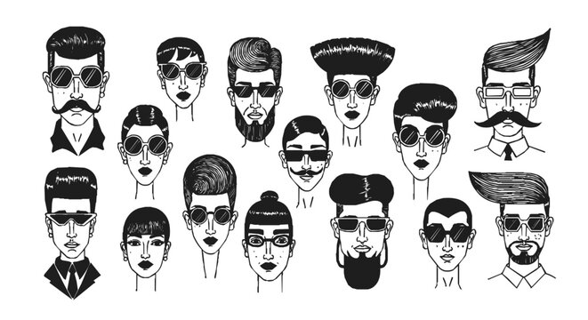 A collection of diverse Hairstyles and Sunglasses worn by stylish Hipster Characters in hand-drawn Sketches featuring retro fashion trends and icons.