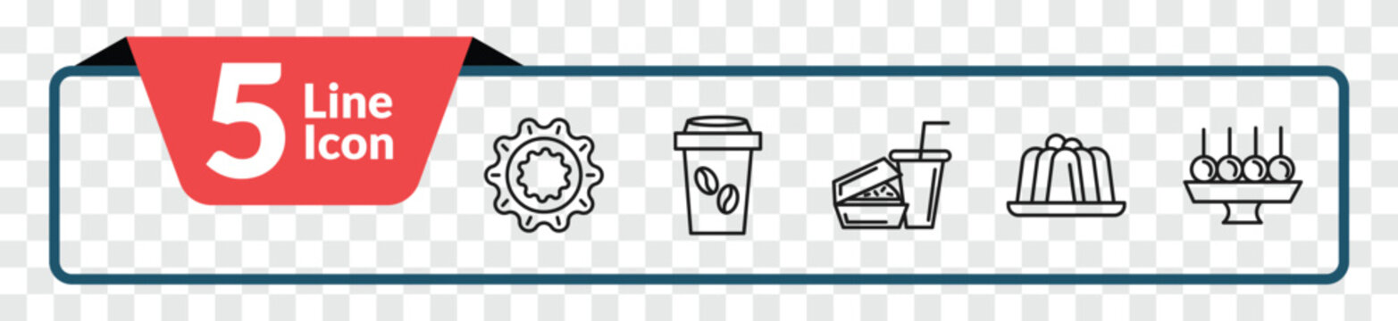 outline food icons set - flower shaped biscuits, coffe cup, jelly, dish and toothpick. editable vector for web and mobile ui