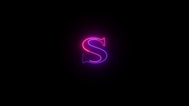 Neon capital letter alphabet S animation neon font letter S on black background .