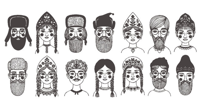 Russian Slavic Folk Portrait collection celebrating tradition and ethnic culture with characters in kokoshniks and ushanka hats.