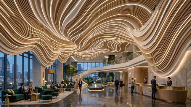 Parametric wave ceiling structure flowing across a luxury lobby, organic curves, integrated LED strips, futuristic architecture, premium materials.