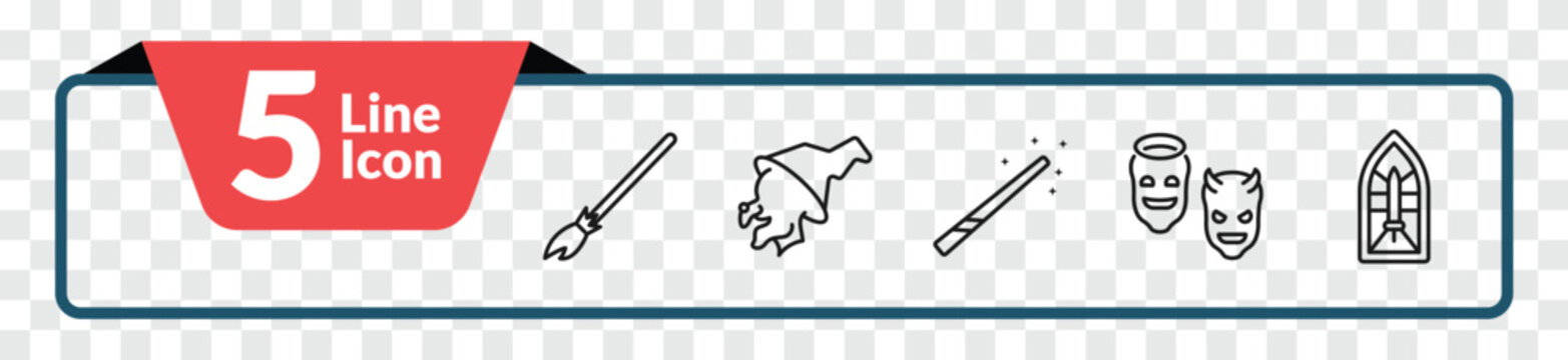 outline fairy tale icons set - broomstick, witch, antagonist, stained glass. editable vector for web and mobile ui