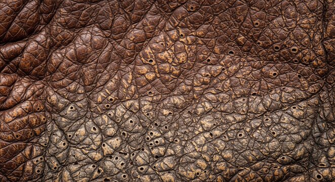 A detailed macro shot of rough, wrinkled animal skin, likely an elephant or rhinoceros, showing cracked brown texture with small pore holes