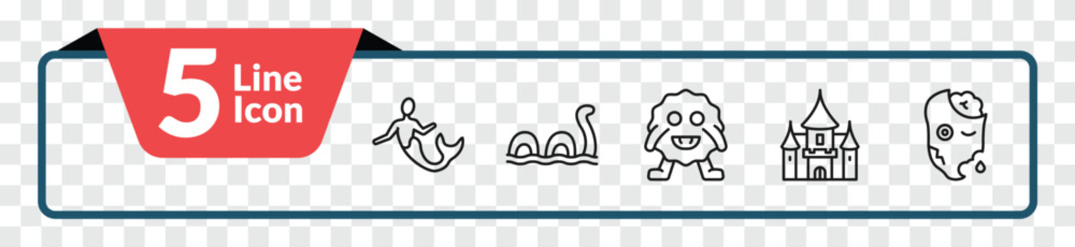 outline fairy tale icons set - merman, loch ness monster, palace, zombie. editable vector for web and mobile ui